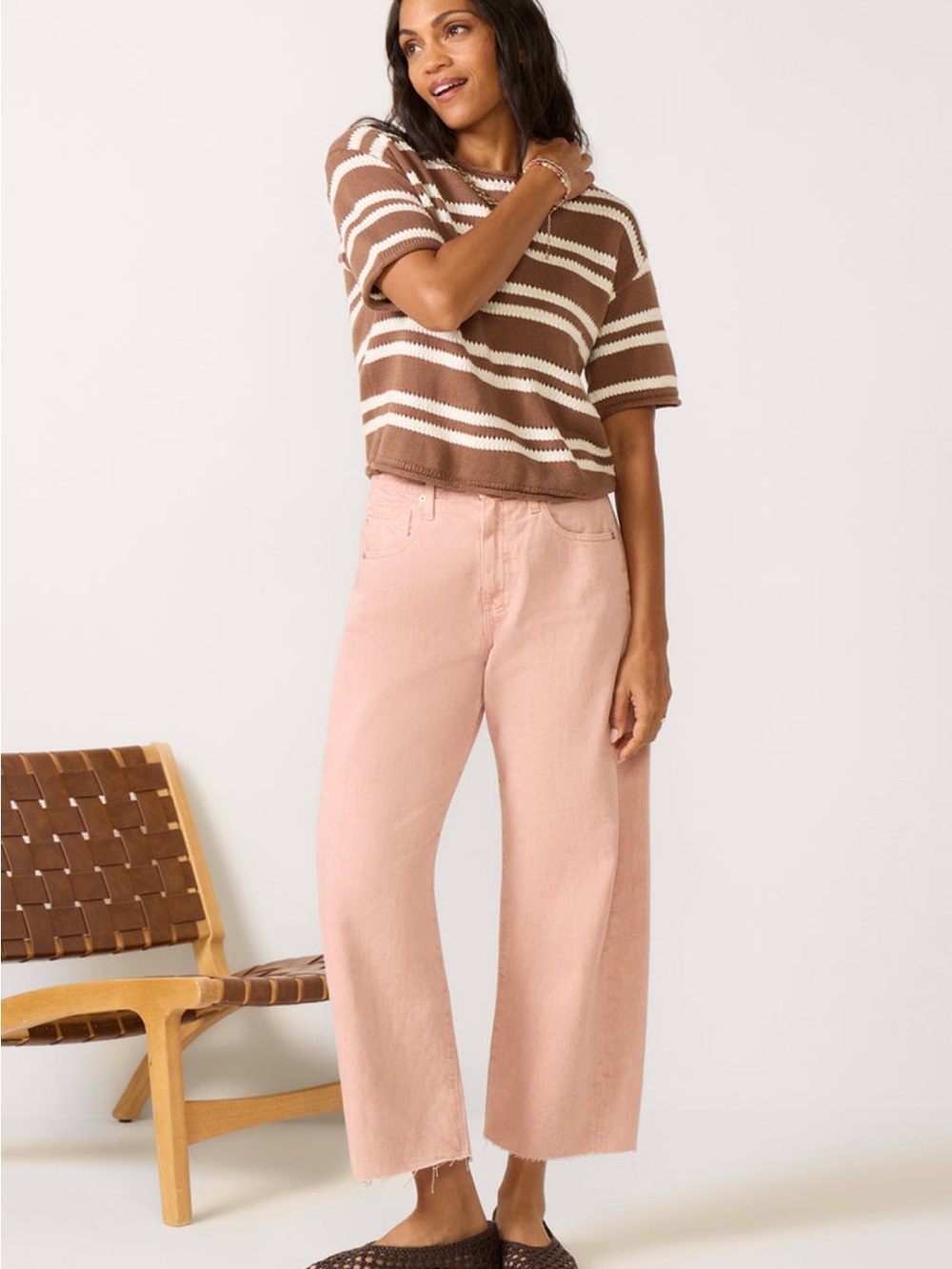 Z Supply Brown and Cream Striped Knit Short-Sleeve Sweater Top - Picture 4 of 5